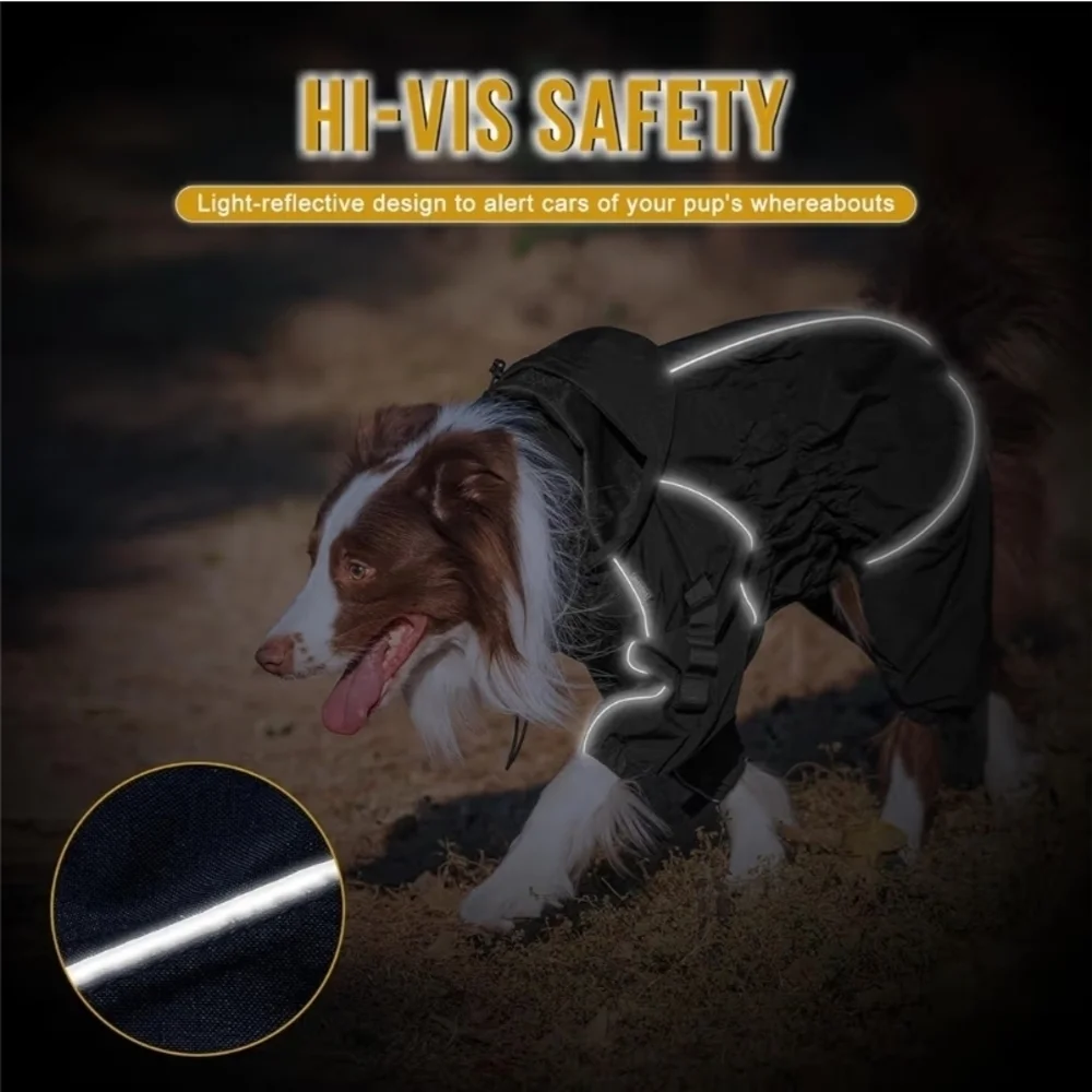 OneTigris Dog Raincoat w/ Removable Hood | Waterproof Reflective 4-Leg Jacket |s
